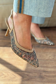 Clarwon Tül Taş Detaylı Stiletto Bej - ILOVESHOES