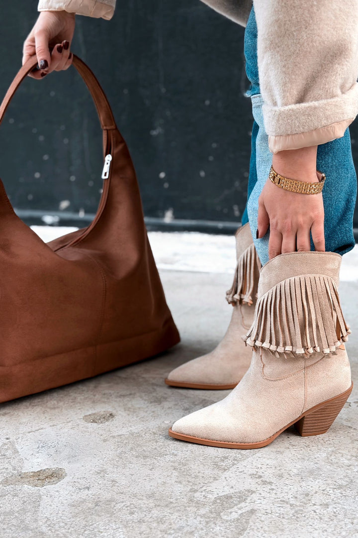 Iserne Kadın Kovboy Bot Bej Süet Püsküllü - ILOVESHOES