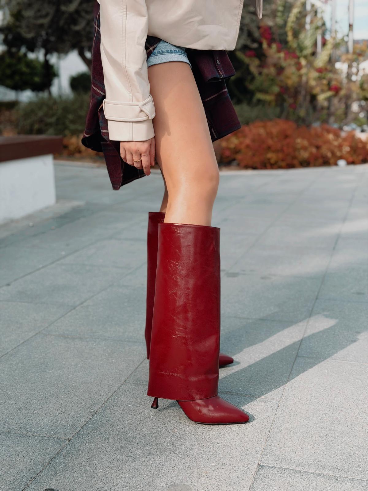 Lencie Kadın Topuklu Çizme Bordo Kırışık Rugan - ILOVESHOES