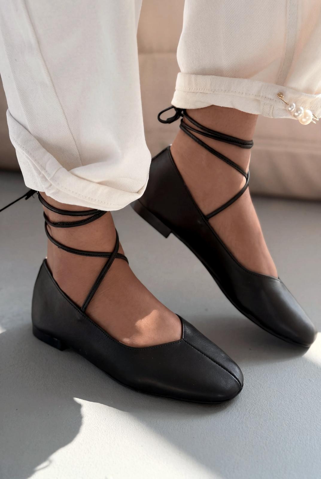 Morven Hakiki Deri Siyah Kadın Babet - ILOVESHOES