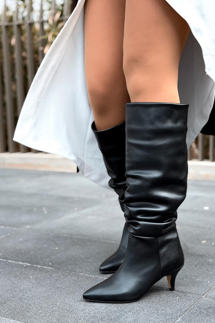 Sollet Siyah Körüklü İnce Topuklu Günlük Kadın Çizme - ILOVESHOES