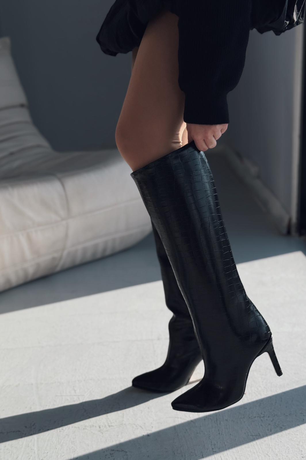 Oslanna Siyah Kroko Günlük Kadın Çizme - ILOVESHOES