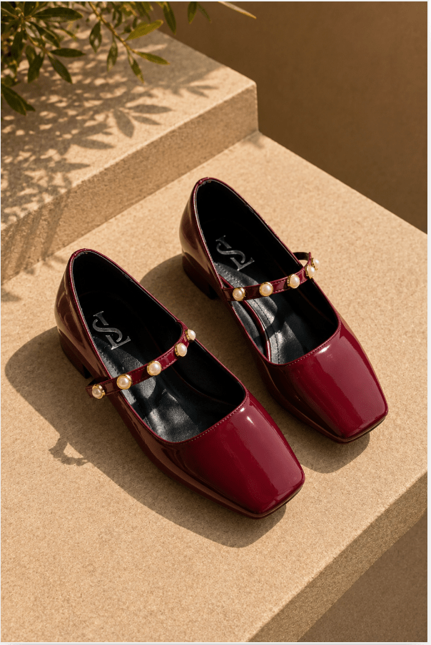 Myrel Bordo İnci Detaylı Rugan Kadın Marry Jane - ILOVESHOES