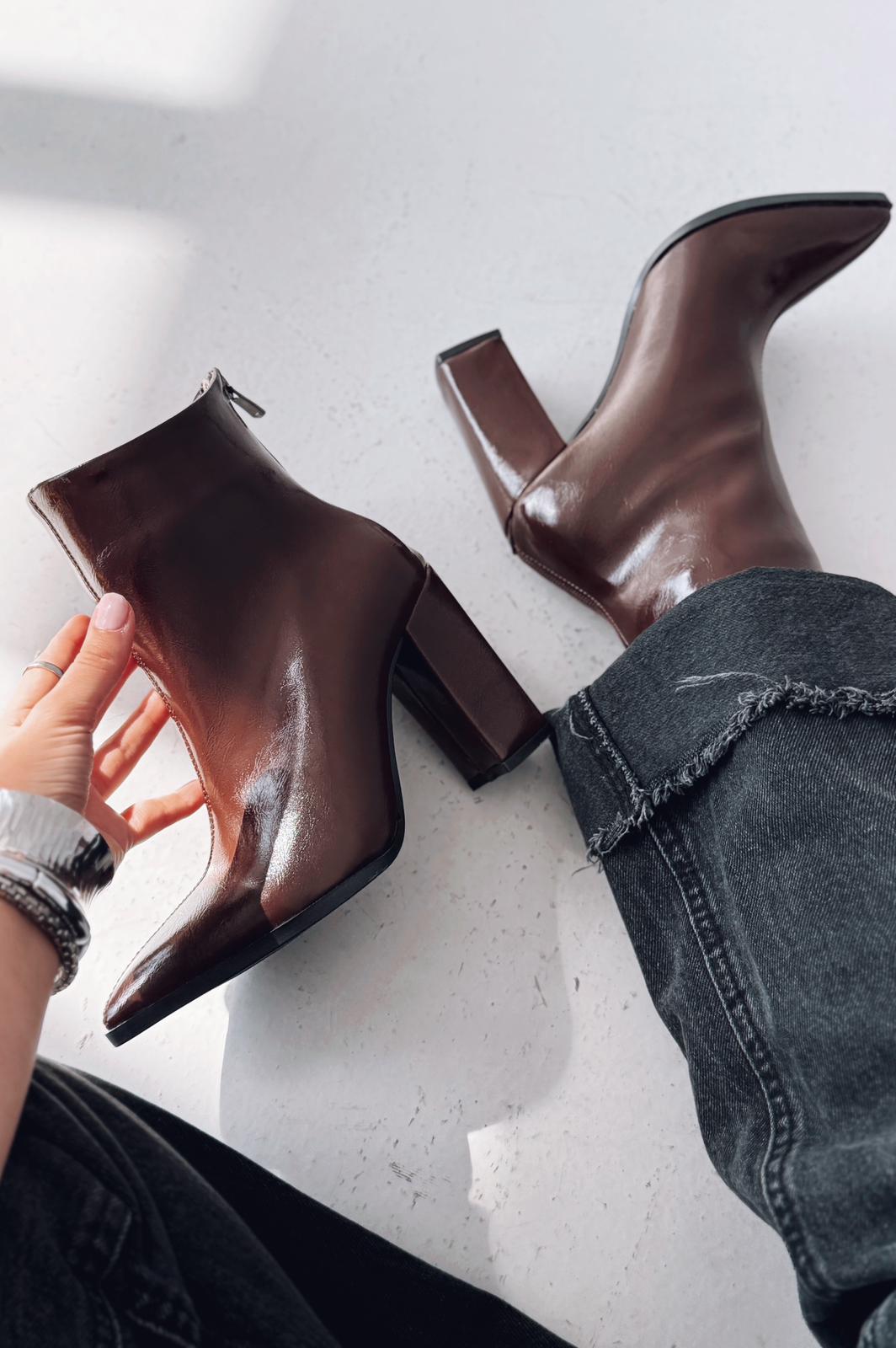 Miren Kadın Topuklu Bot Acıkahve Parlak Deri - ILOVESHOES