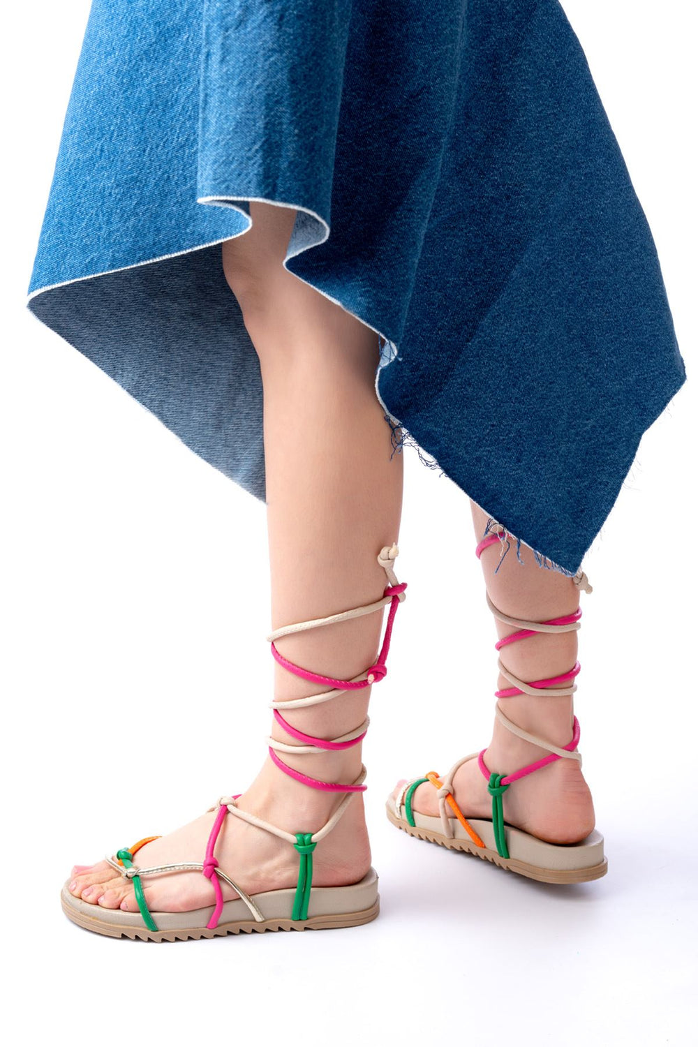 Veralis Mat Deri Bej - Yeşil Parmak Arası Kadın Sandalet - ILOVESHOES