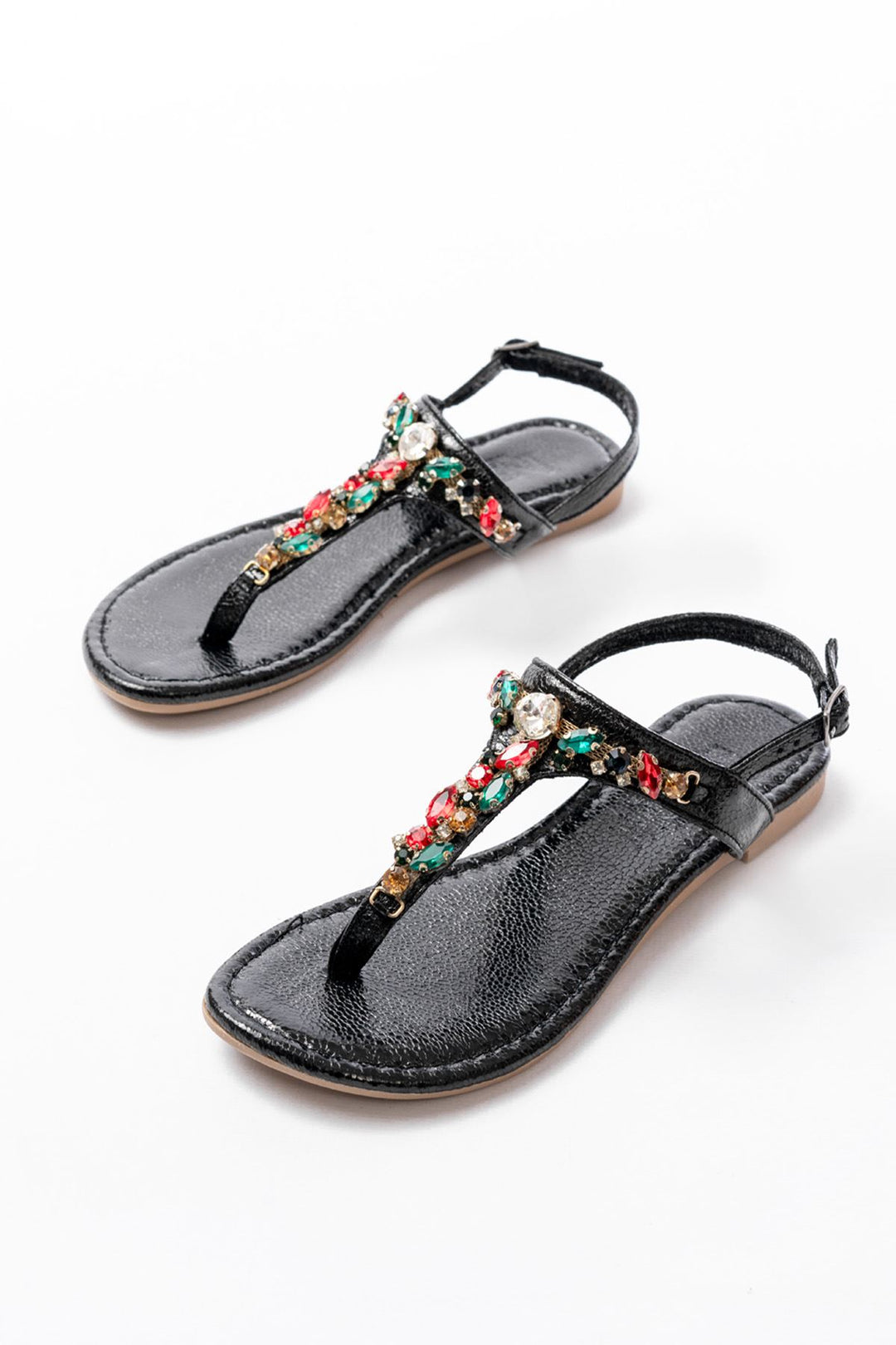 Selvion Parlak Deri Siyah Renkli Taşlı Parmak Arası Kadın Sandalet - ILOVESHOES