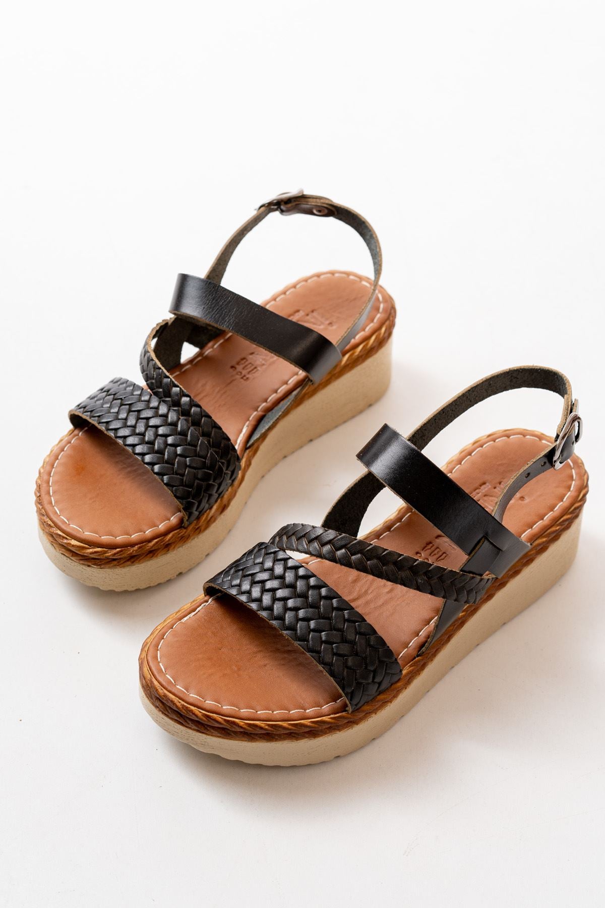 Heliona Hakiki Deri Siyah Kalın Taban Kadın Sandalet - ILOVESHOES
