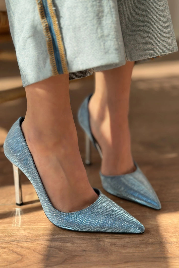 Polfes Parlak Deri Topuk Detaylı Stiletto Mavi