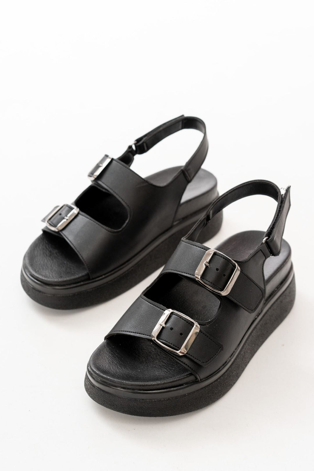 Paliris Mat Deri Siyah Kalın Taban Kadın Sandalet - ILOVESHOES