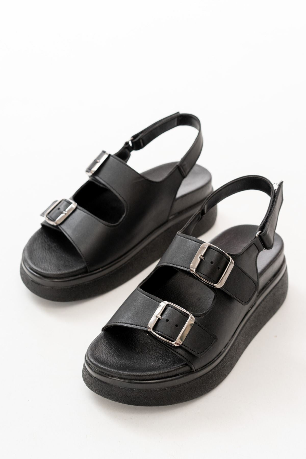 Paliris Mat Deri Siyah Kalın Taban Kadın Sandalet - ILOVESHOES