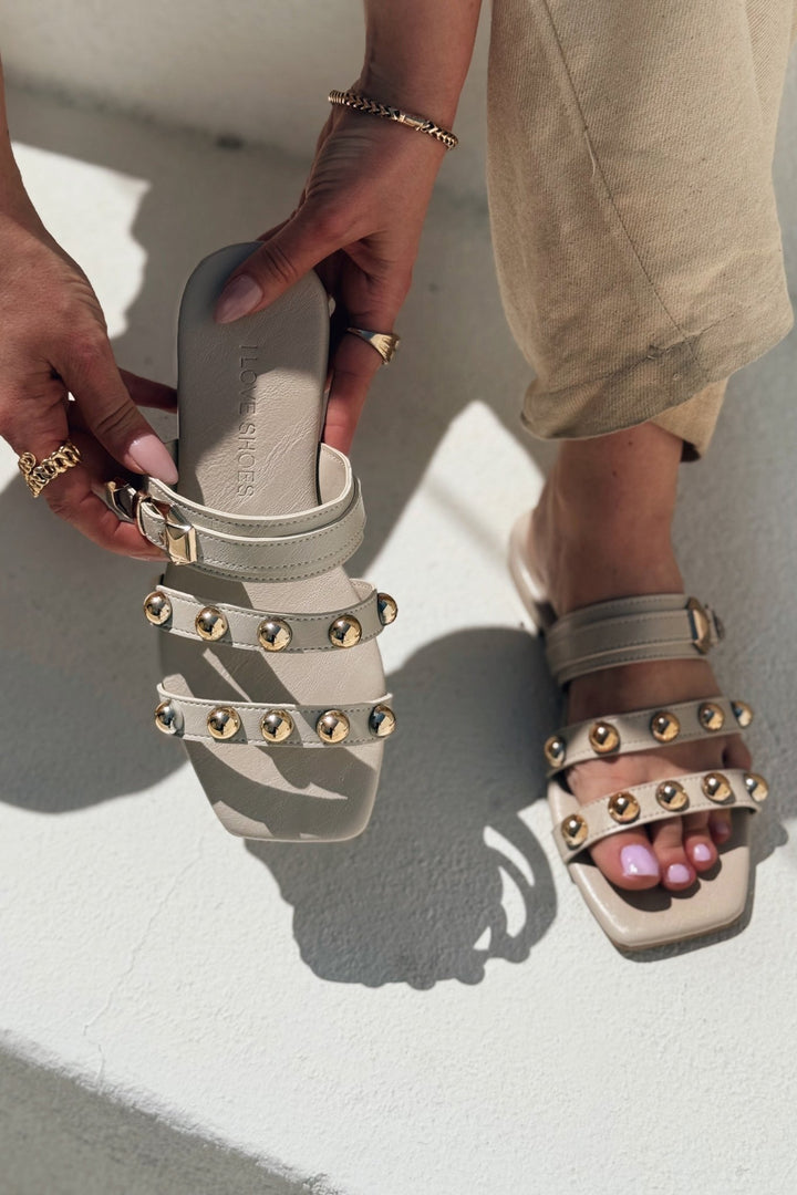 Dawist Mat Deri Bej Troklu Düz Kadın Terlik - ILOVESHOES