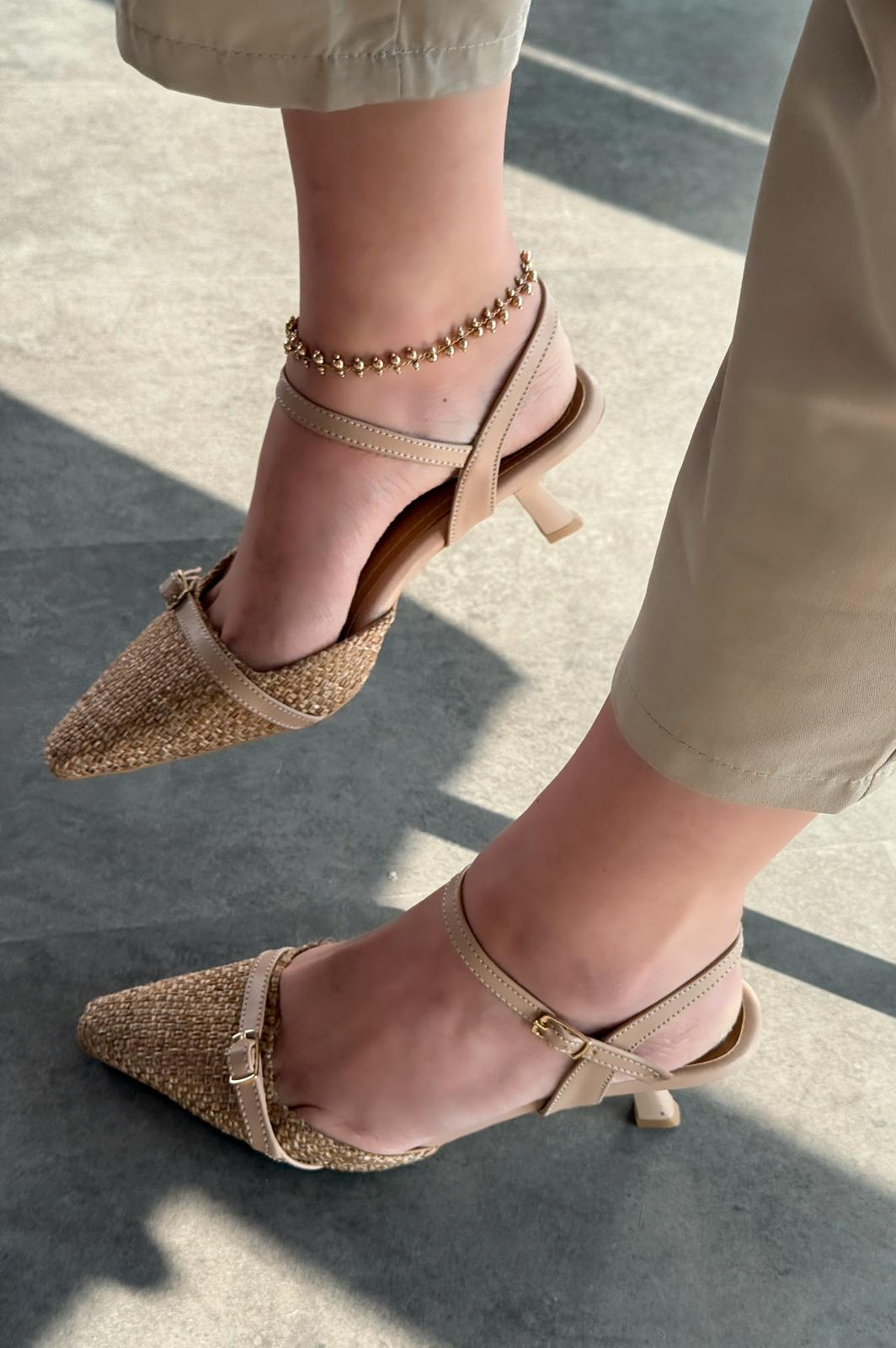 Rensowa Hasır Bej Toka Detaylı Stiletto - ILOVESHOES