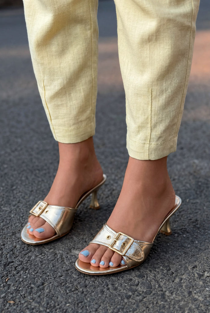 Lerona Gold Perlak Deri Kadın Topuklu Terlik - ILOVESHOES