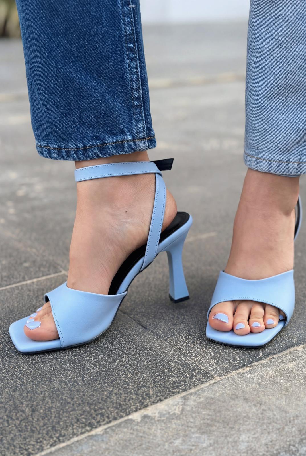 Velniel Topuklu Sandalet Mavi Mat Deri - ILOVESHOES