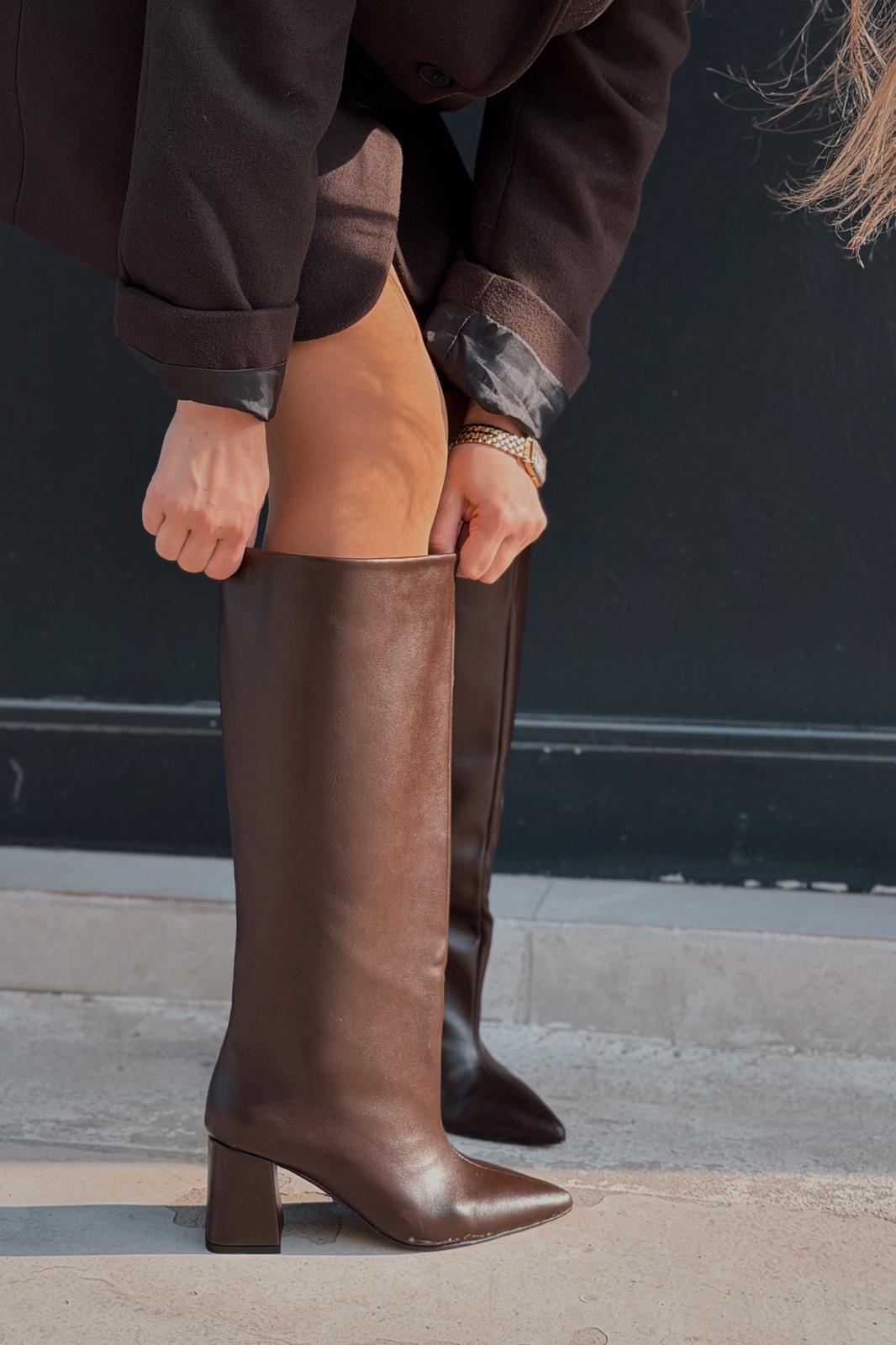 Jarlene Kadın Topuklu Çizme Acıkahve Mat Deri - ILOVESHOES