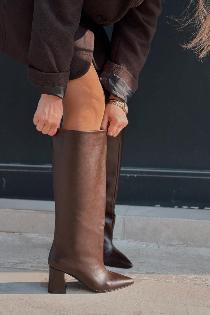 Jarlene Kadın Topuklu Çizme Acıkahve Mat Deri - ILOVESHOES