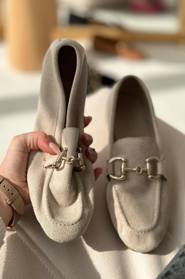 Lofin Süet Toka Detaylı  Kadın Loafer Bej