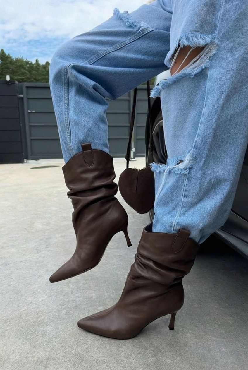 Veluxe Kadın Topuklu Bot Acıkahve Mat Deri - ILOVESHOES