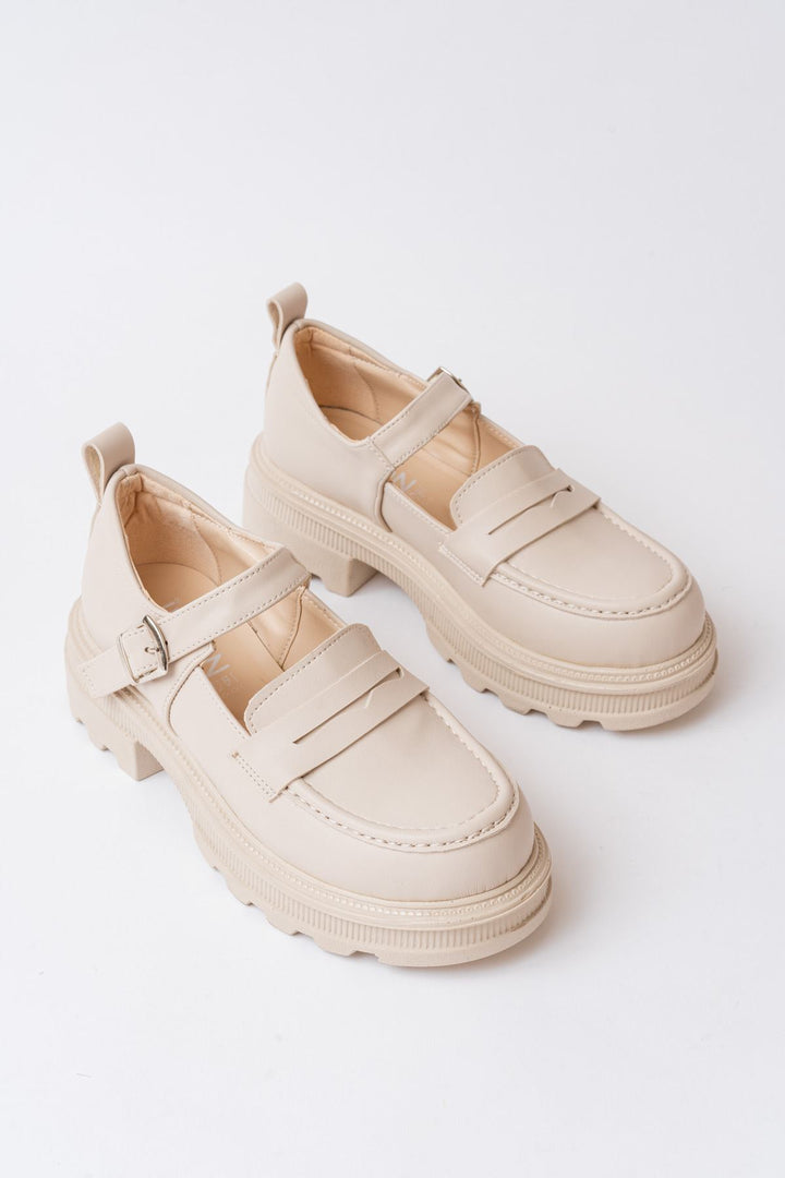 Clavix Mat Deri Bej Yüksek Tabanlı Loafer Ayakkabı - ILOVESHOES