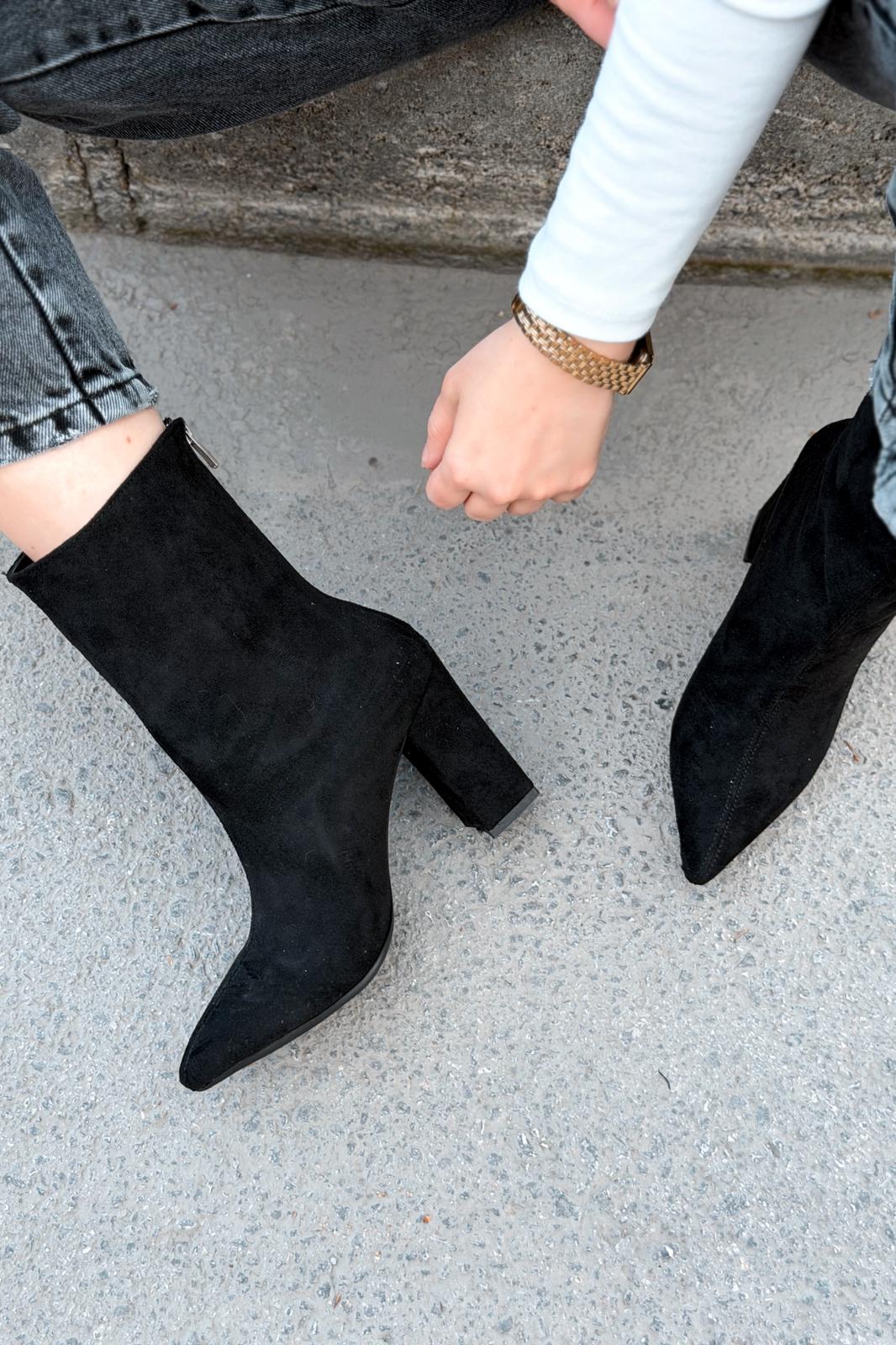 Lior Topuklu Kadın Bot Siyah Süet - ILOVESHOES