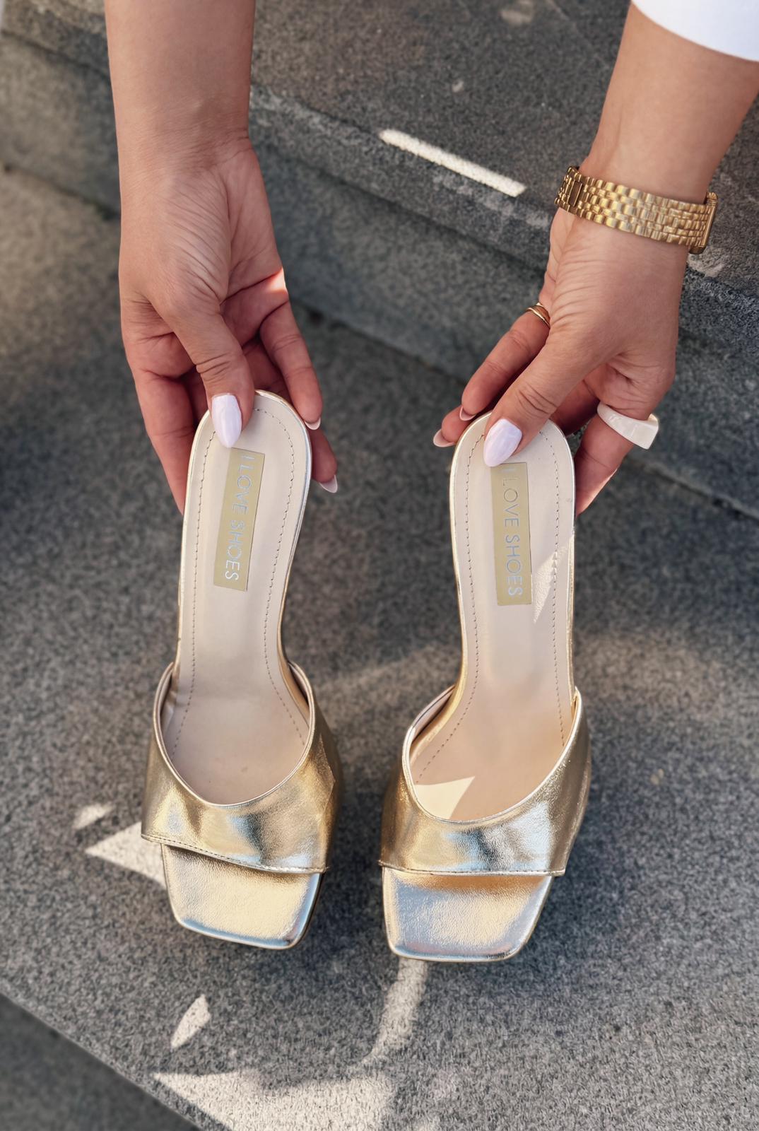 Sorel Gold Mat Deri Kadın Topuklu Terlik - ILOVESHOES