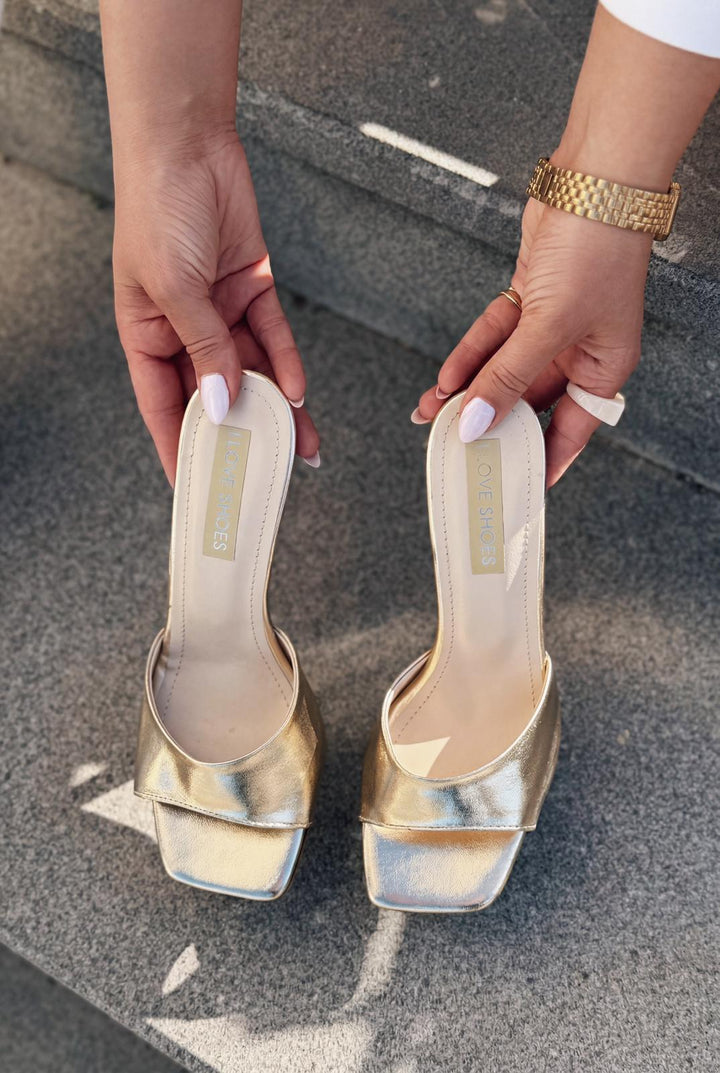 Sorel Gold Mat Deri Kadın Topuklu Terlik - ILOVESHOES