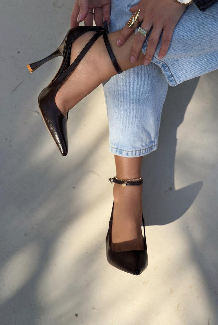 Nerole Stiletto Acıkahve Mat Deri Yüksek Topuklu - ILOVESHOES