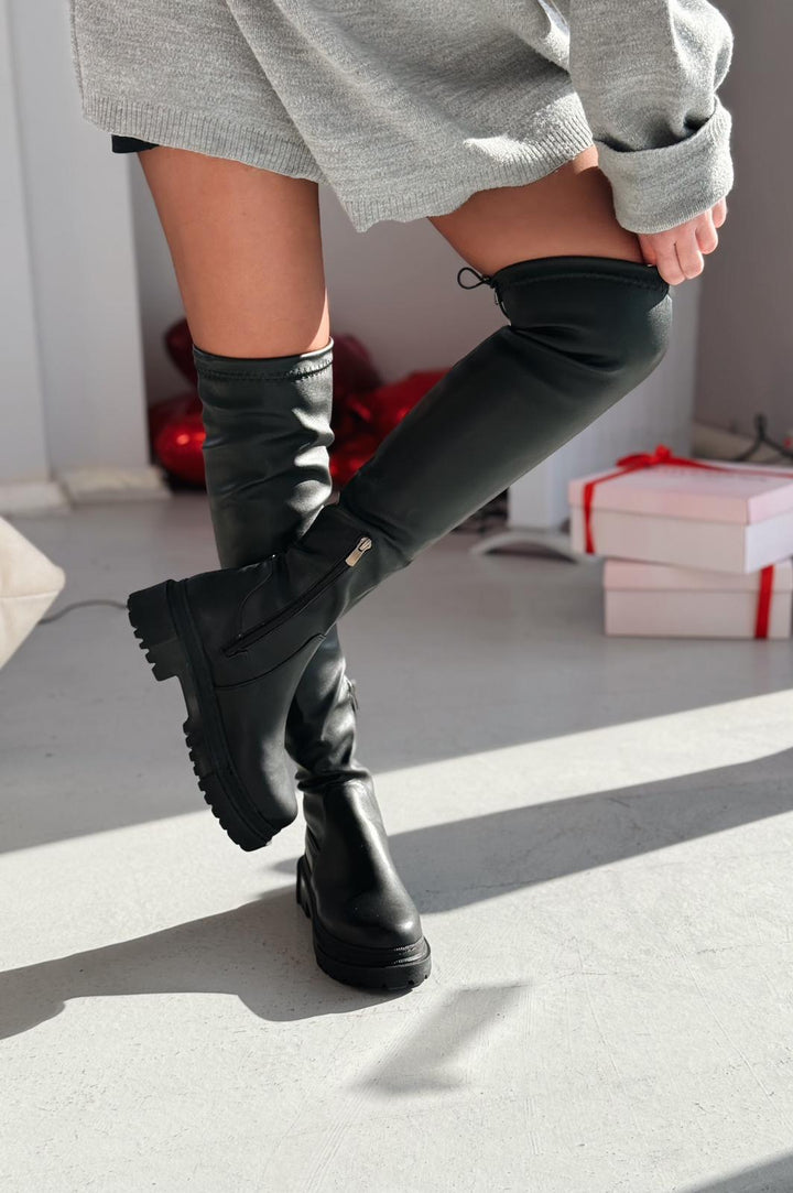 Mavix Siyah Fermuarlı Diz Üstü Bağcıklı Çorap Günlük Kadın Çizme - ILOVESHOES