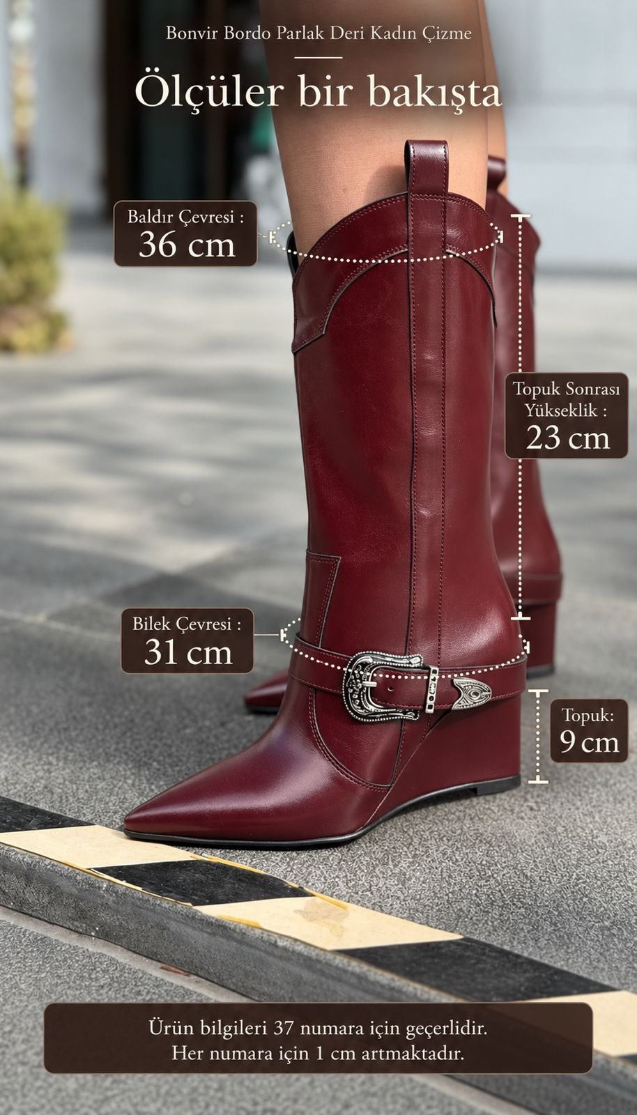 Bonvir Bordo Parlak Deri Kadın Çizme - ILOVESHOES
