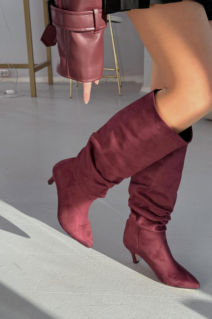 Sollet Bordo Süet İnce Topuklu Günlük Kadın Çizme