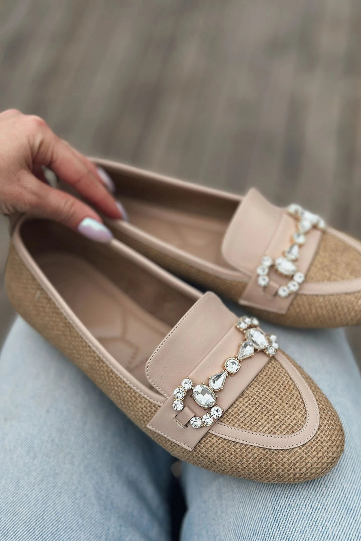 Pore Hasır Taş Detaylı Kadın Loafer Bej - ILOVESHOES