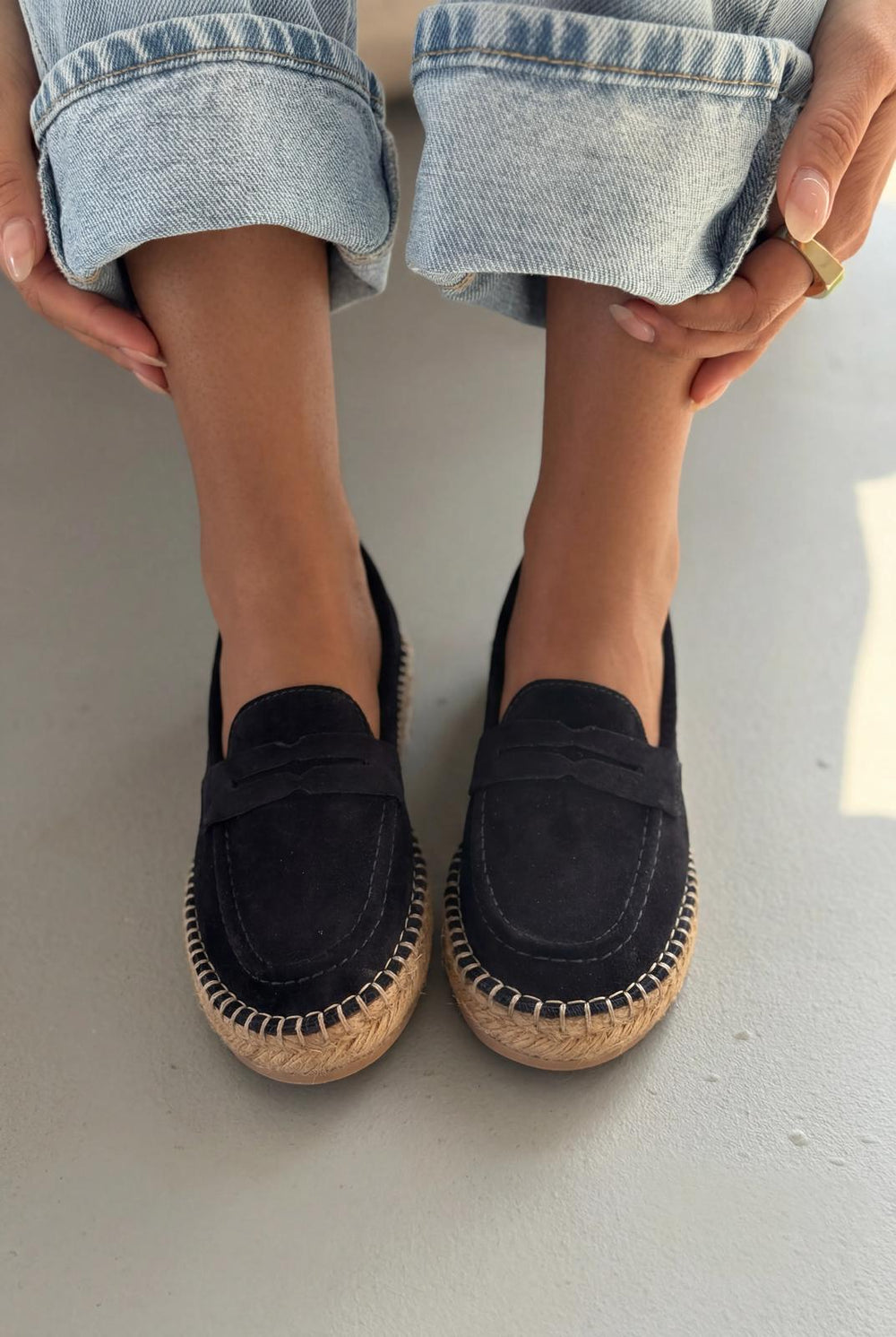Celure Lacivert Hakiki Deri Kadın Espadril Loafer - ILOVESHOES