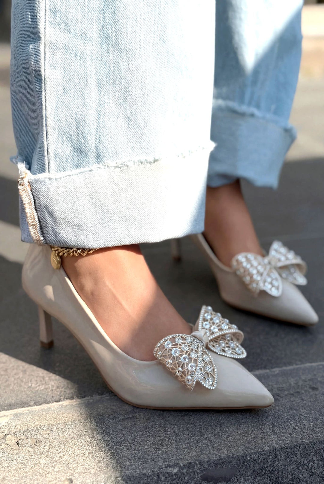 Sorexa Stiletto Bej Rugan Fiyonk Detaylı - ILOVESHOES