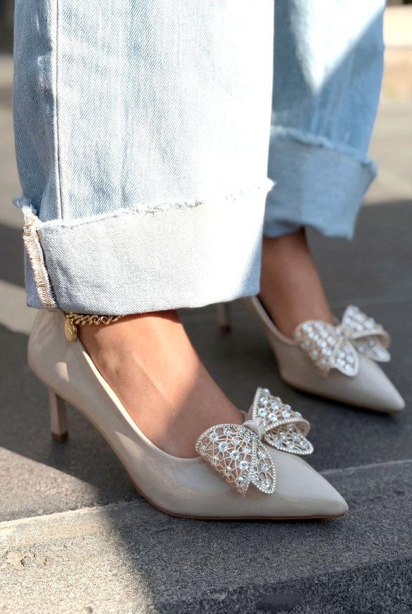 Sorexa Stiletto Bej Rugan Fiyonk Detaylı - ILOVESHOES