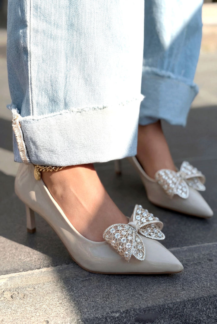 Sorexa Stiletto Bej Rugan Fiyonk Detaylı - ILOVESHOES