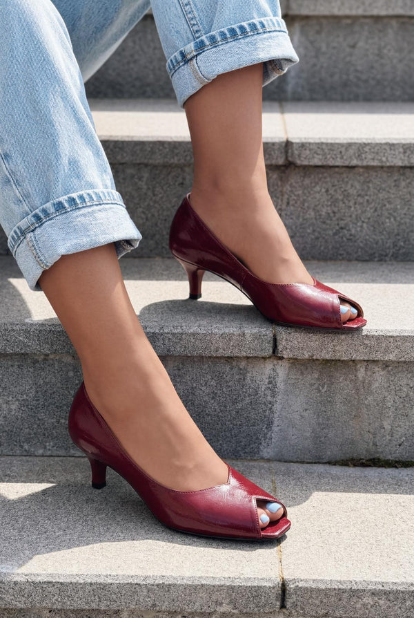 Norvion Hakiki Deri Kadın Topuklu Ayakkabı Bordo Kırışık Rugan - ILOVESHOES