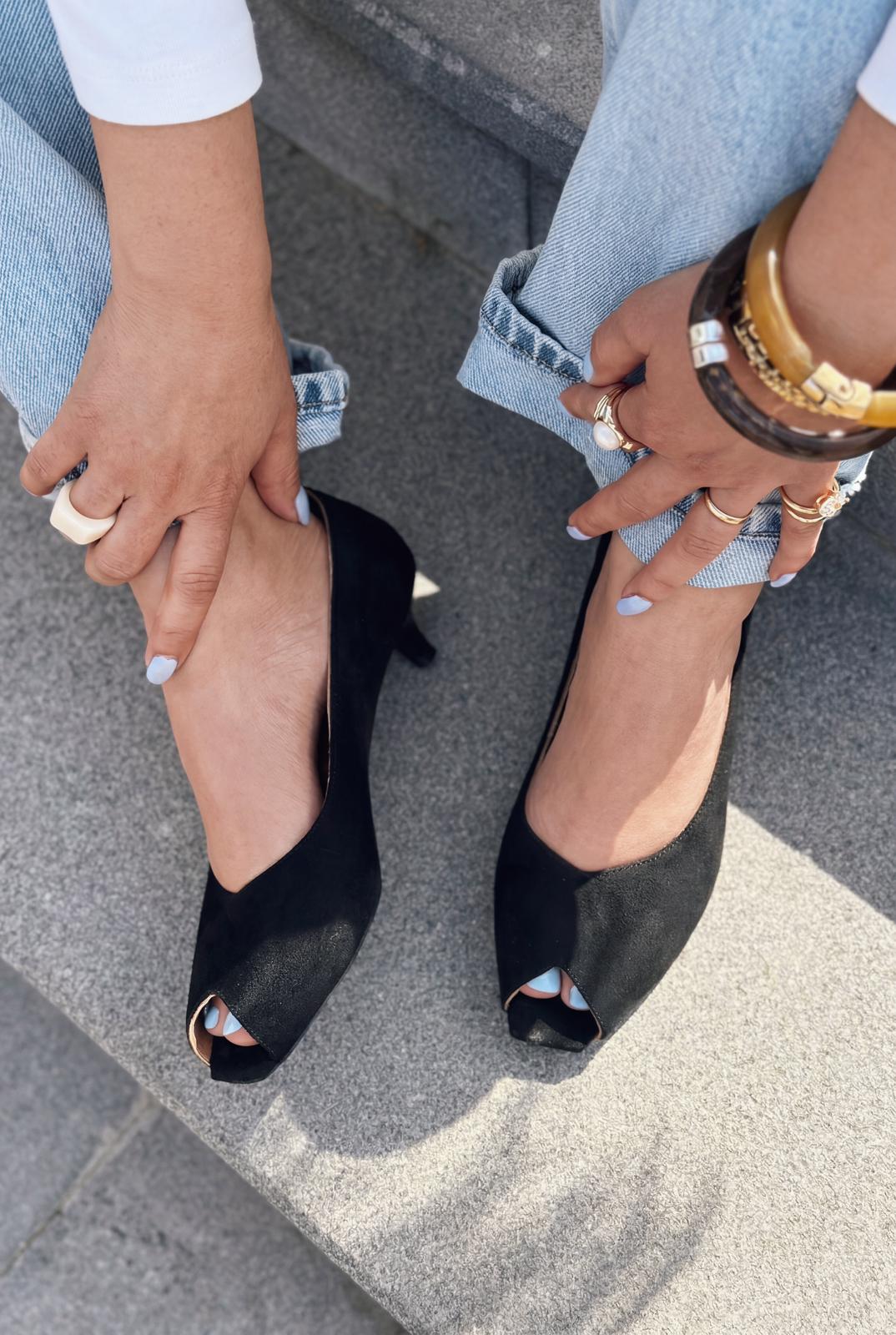 Norvion Hakiki Deri Siyah Süet Kadın Topuklu Ayakkabı - ILOVESHOES