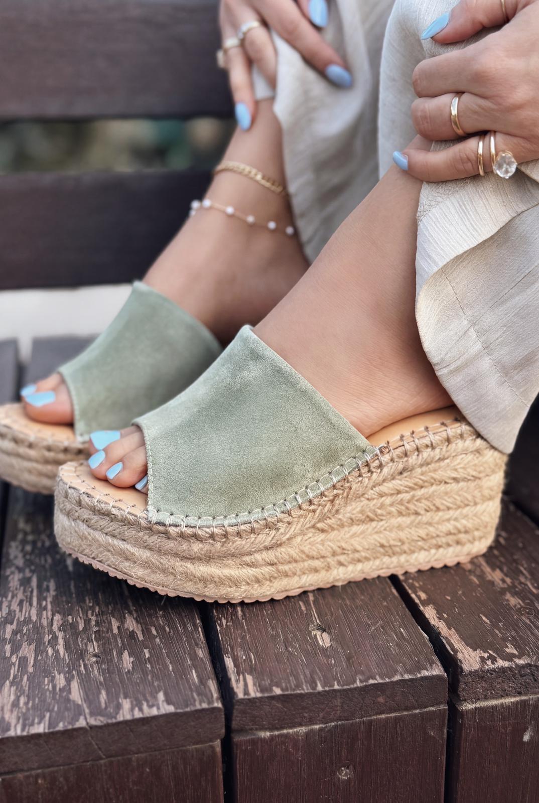Lorver Yeşil Hakiki Süet Kadın Dolgu Topuklu Terlik - ILOVESHOES
