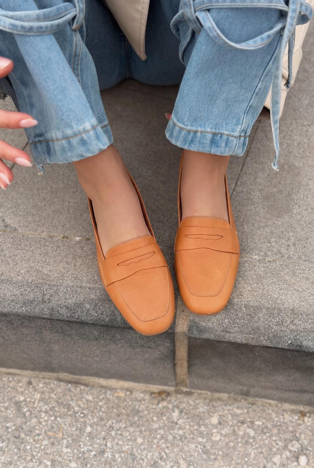 Melniel Hakiki Deri Kadın Loafer Turuncu - ILOVESHOES