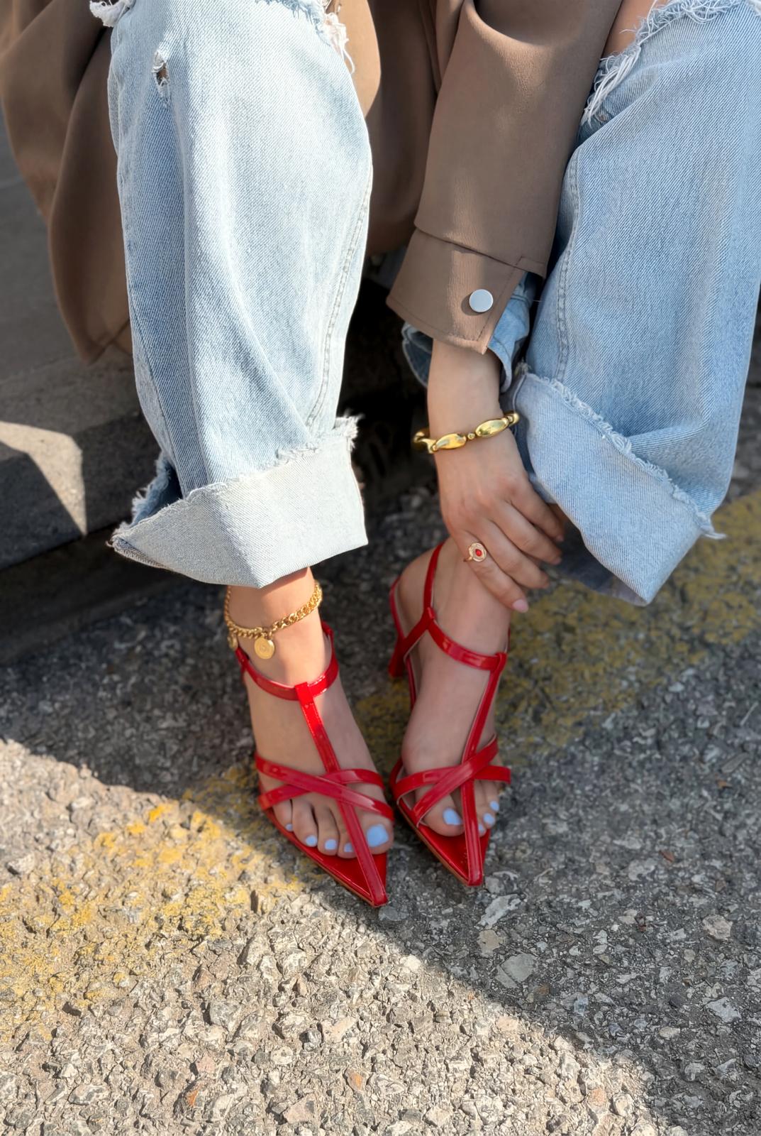 Morlen Topuklu Sandalet Kırmızı Rugan - ILOVESHOES