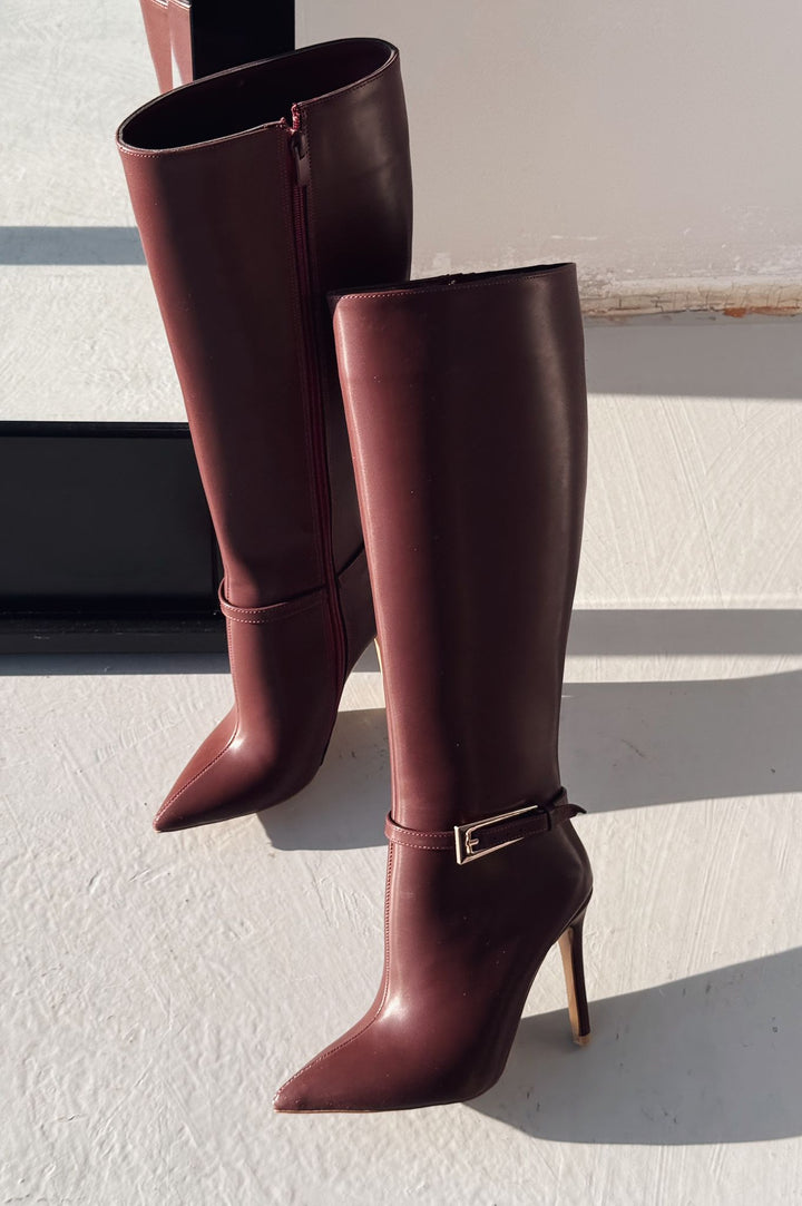 Eswod Matte Leather Buckle Detailed Burgundy Women&