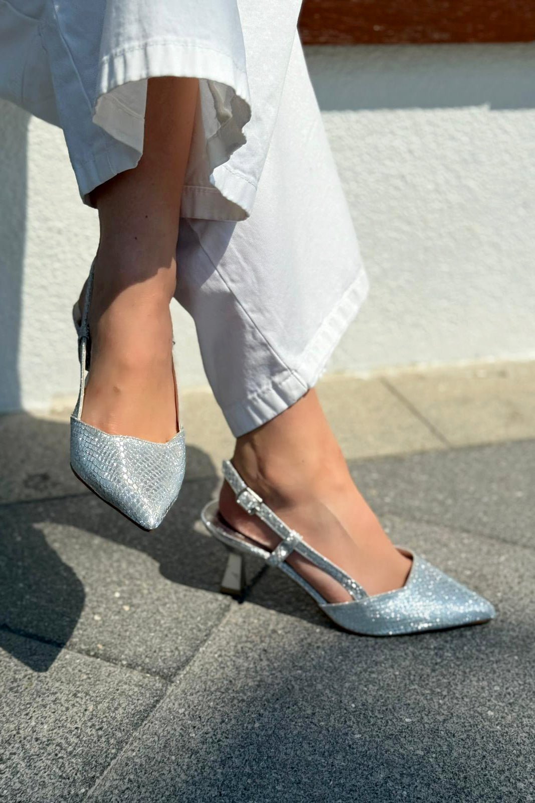 Nowse Mini Parlak Deri Desenli Stiletto Gümüş - ILOVESHOES