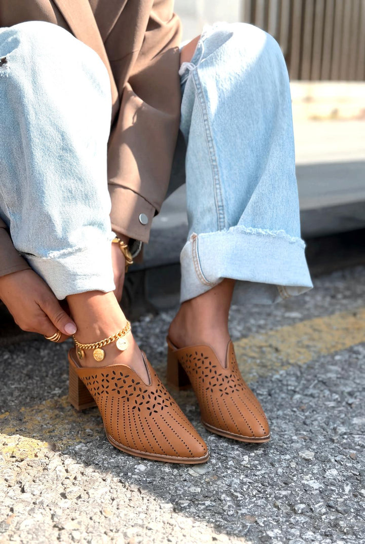 Noravina Hakiki Deri Topuklu Terlik Taba - ILOVESHOES