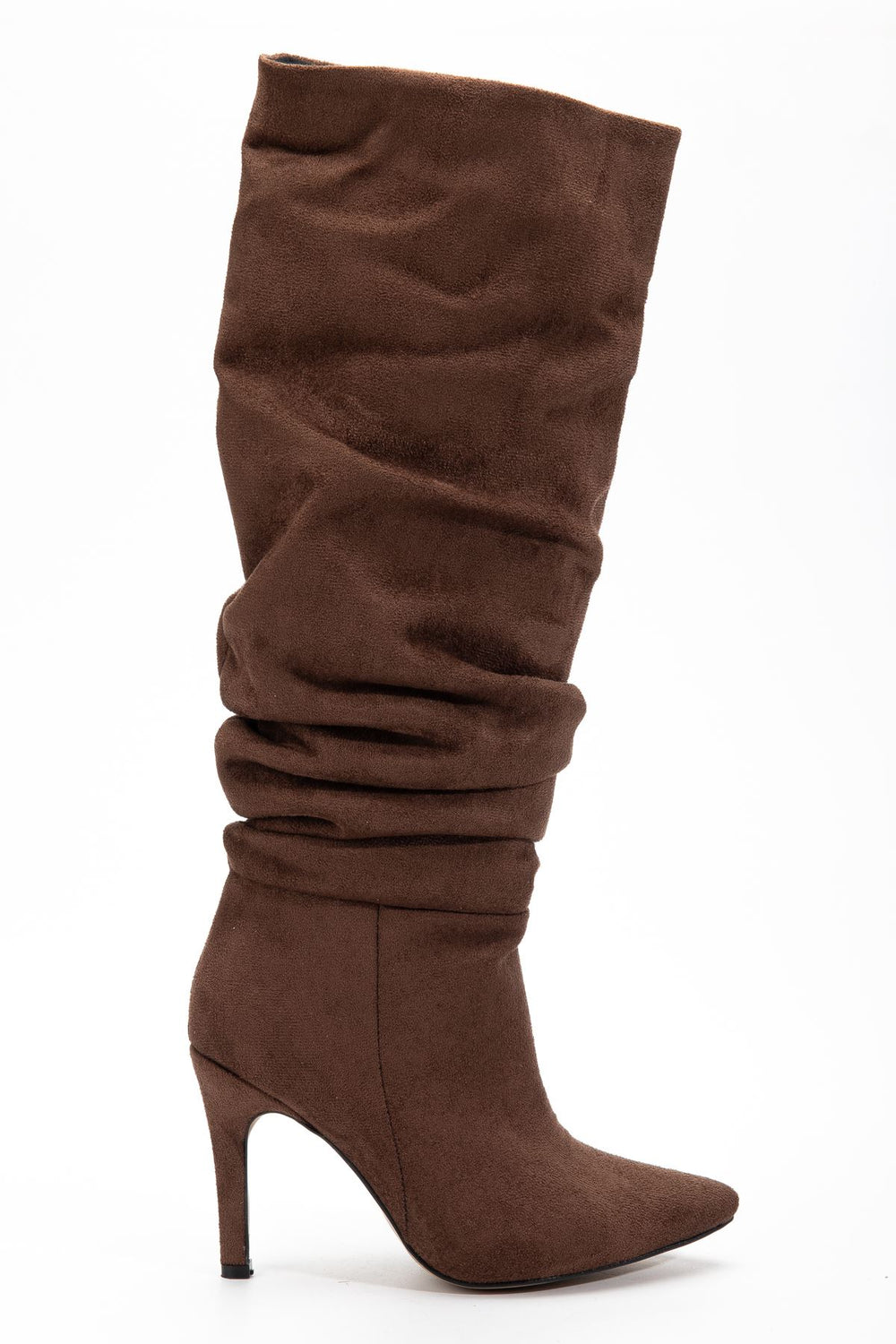 Sollet Acıkahve Süet Körüklü Yüksek İnce Topuklu Günlük Kadın Çizme - ILOVESHOES