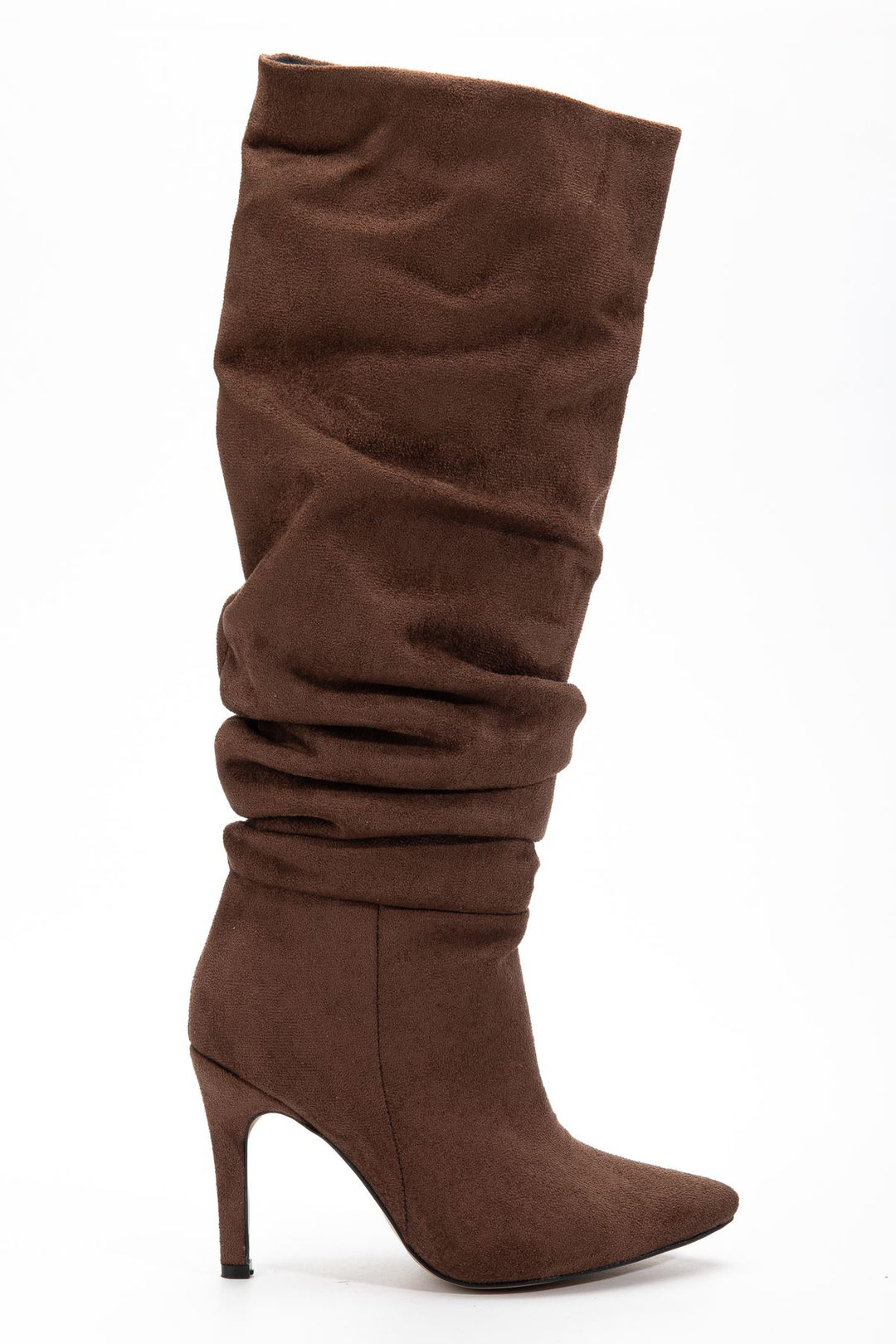 Sollet Acıkahve Süet Körüklü Yüksek İnce Topuklu Günlük Kadın Çizme - ILOVESHOES