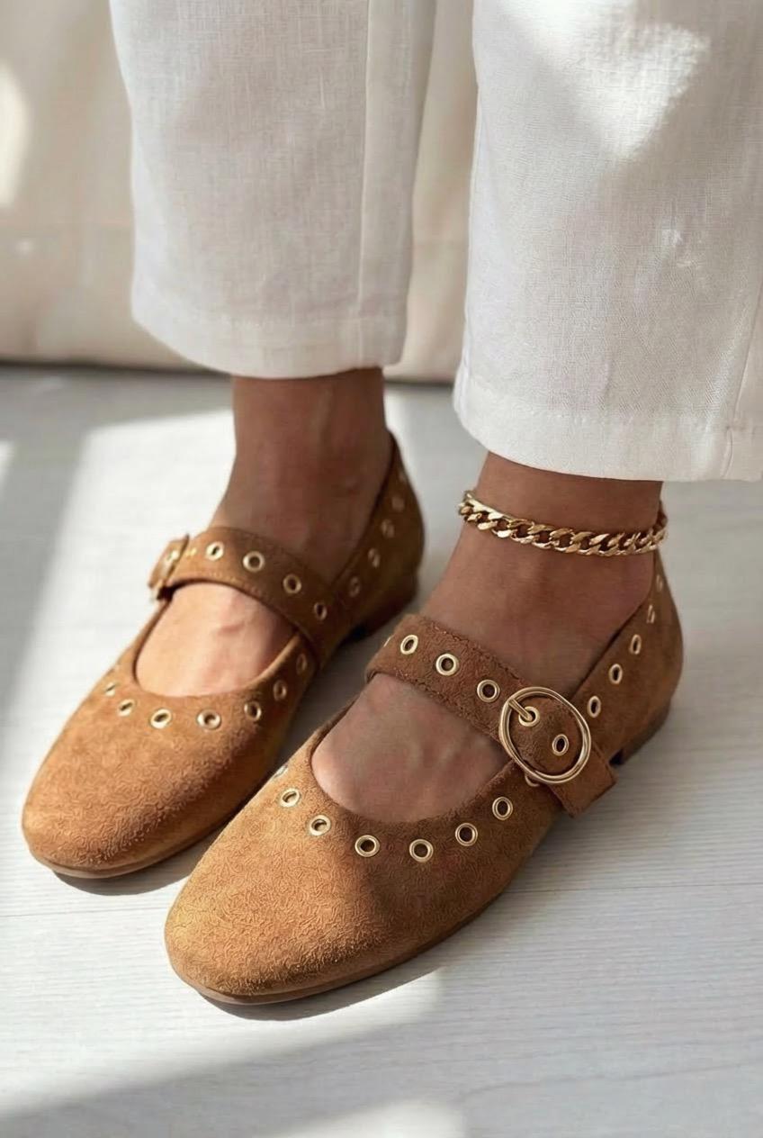 Dorin Kadın Babet Taba Süet Zımba Detaylı - ILOVESHOES