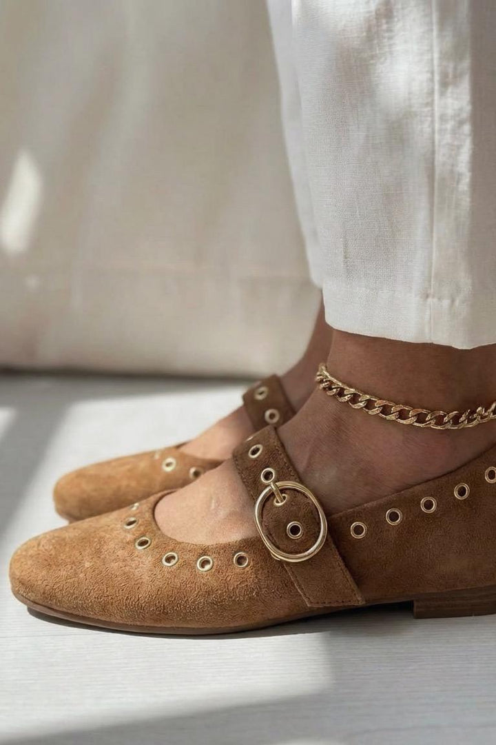 Dorin Kadın Babet Taba Süet Zımba Detaylı - ILOVESHOES