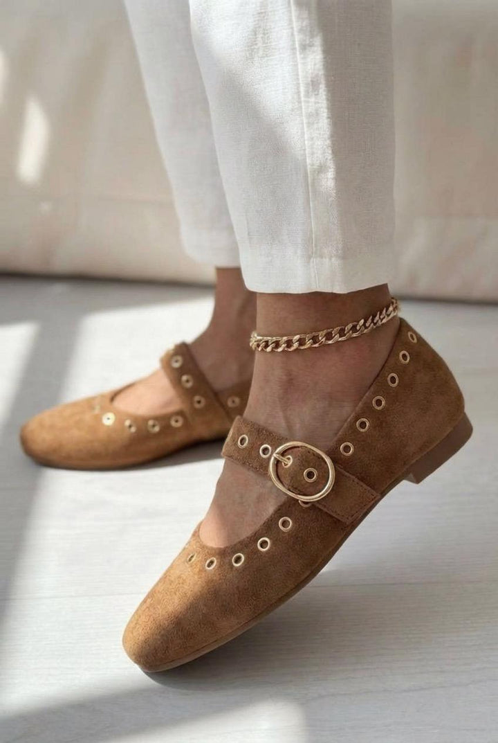 Dorin Kadın Babet Taba Süet Zımba Detaylı - ILOVESHOES