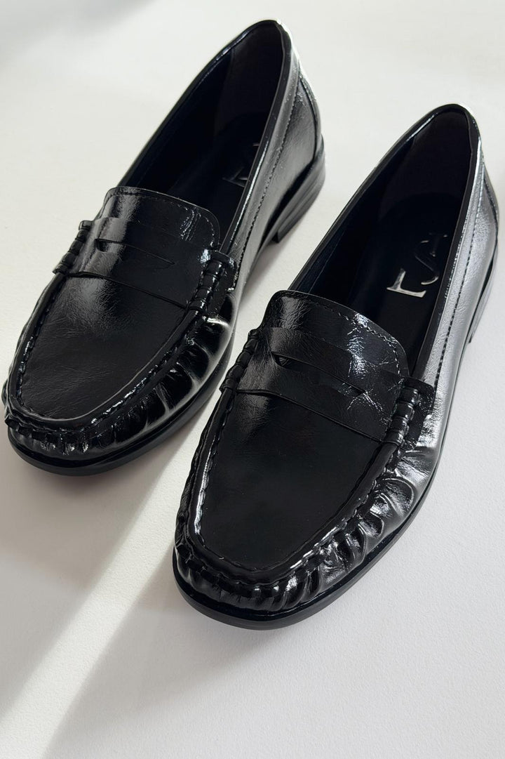 Marcel Kadın Loafer Siyah Kırışık Rugan - ILOVESHOES