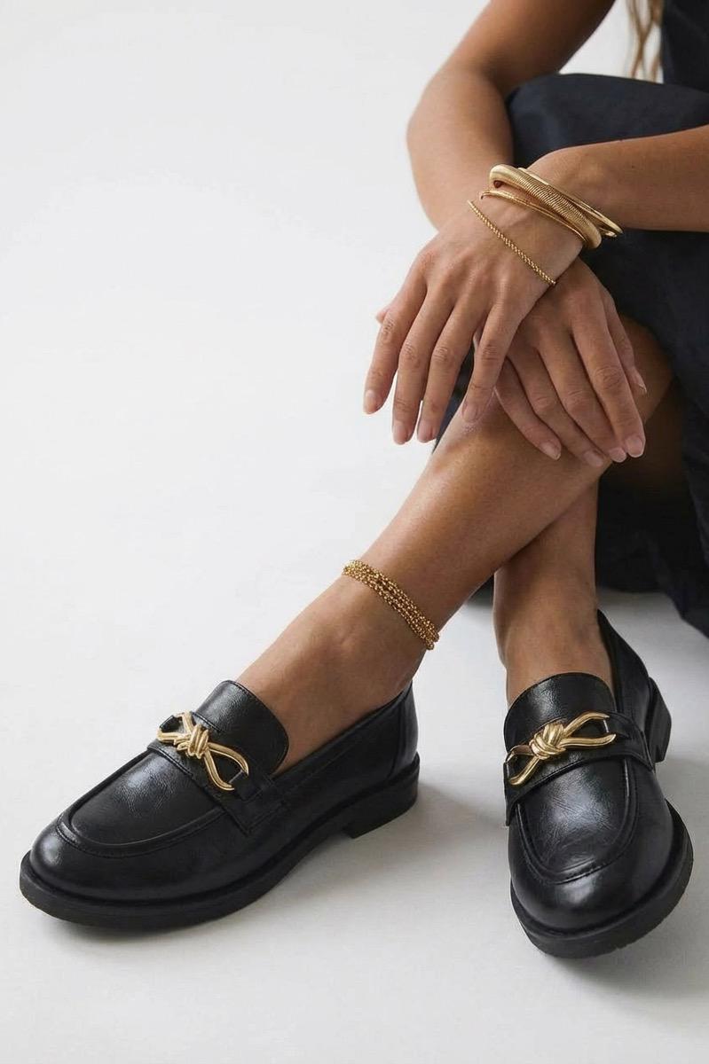 Norel Kadın Loafer Siyah Mat Deri Fiyonk Detaylı - ILOVESHOES